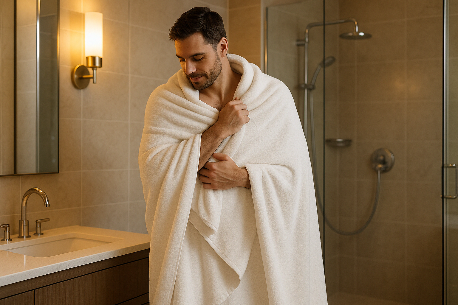 1 Oversized Bath Sheet in Bathroom, using by a man 