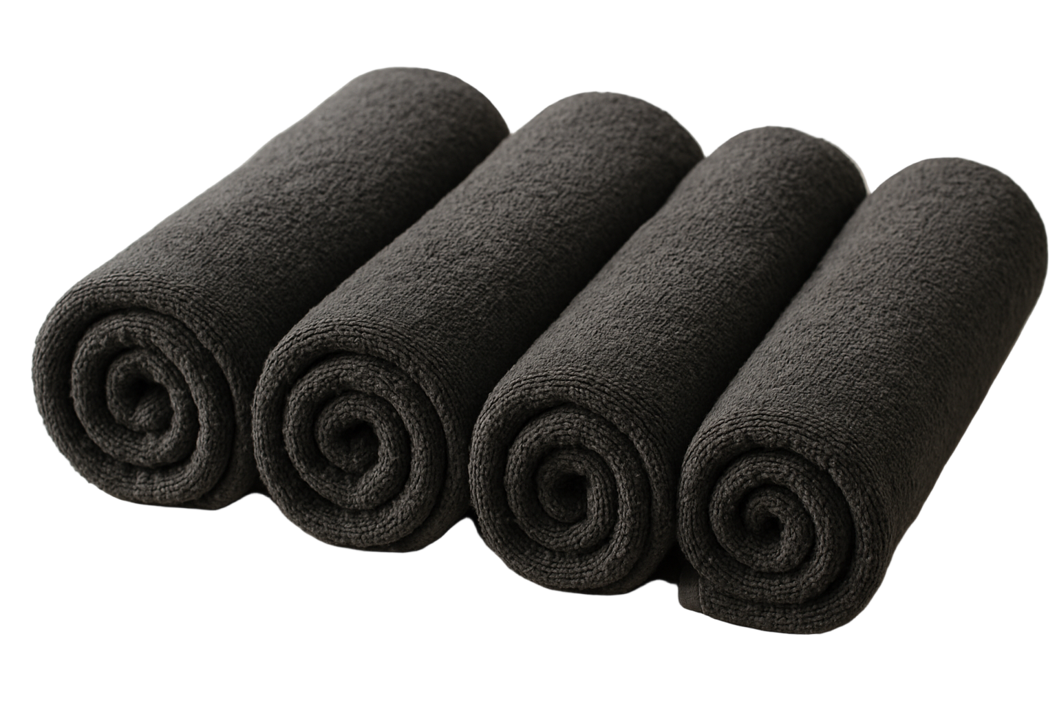 4 four dark gray towels are togather properly roll with each other