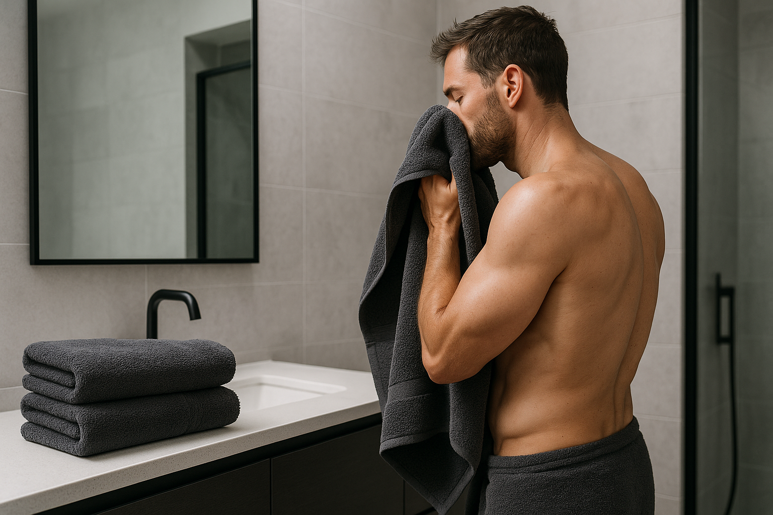 4 pcs dark gray towels using by man in bathroom, 1 pc he is using and other 3 are on counter 