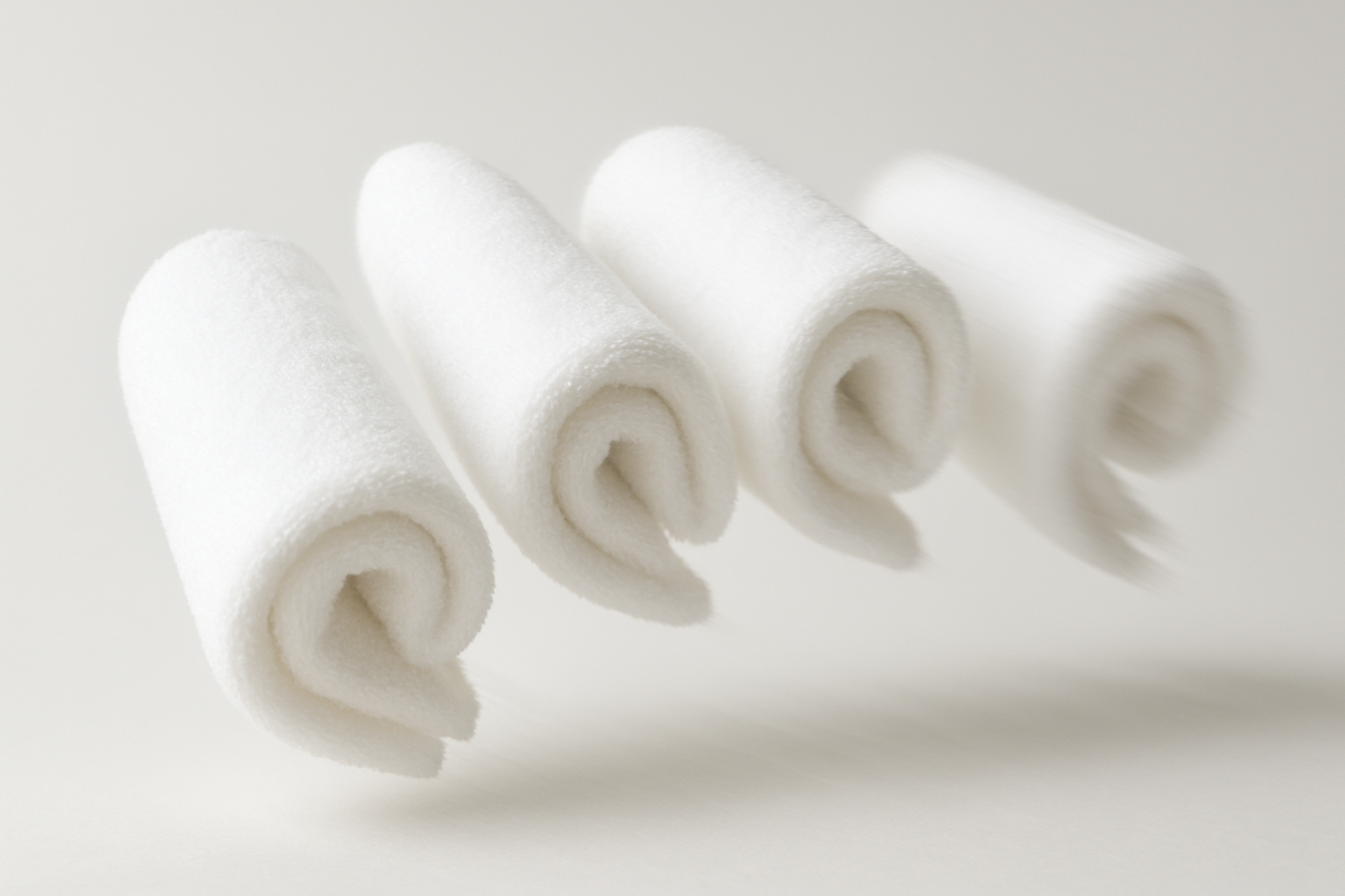 4 white hand towels are rolling togather
