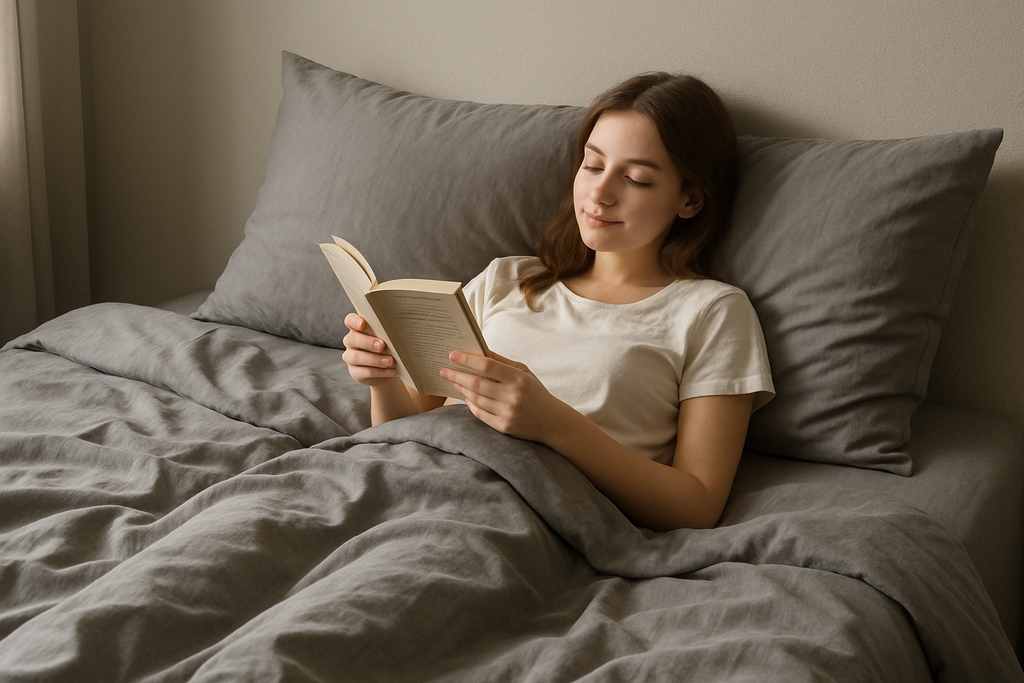 a girl lying on bed with gray colour queen bed sheet with pillows 
