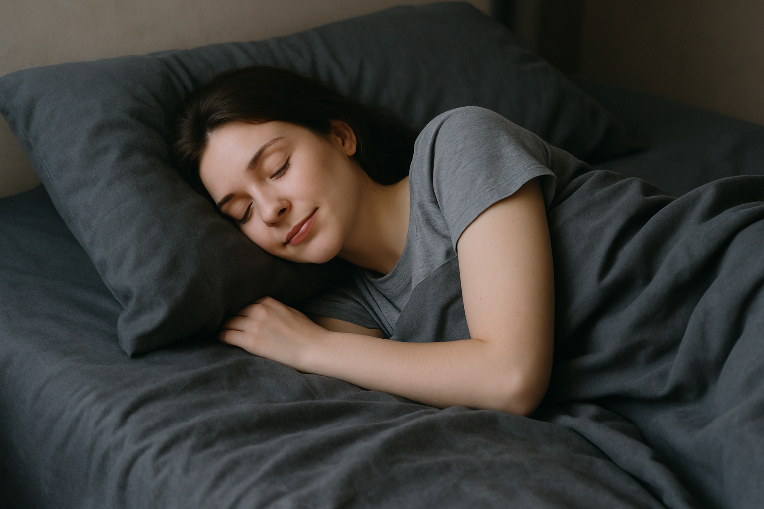 a girl put her head on dark gray color pillow and bed sheet and fitted sheet also visible 
