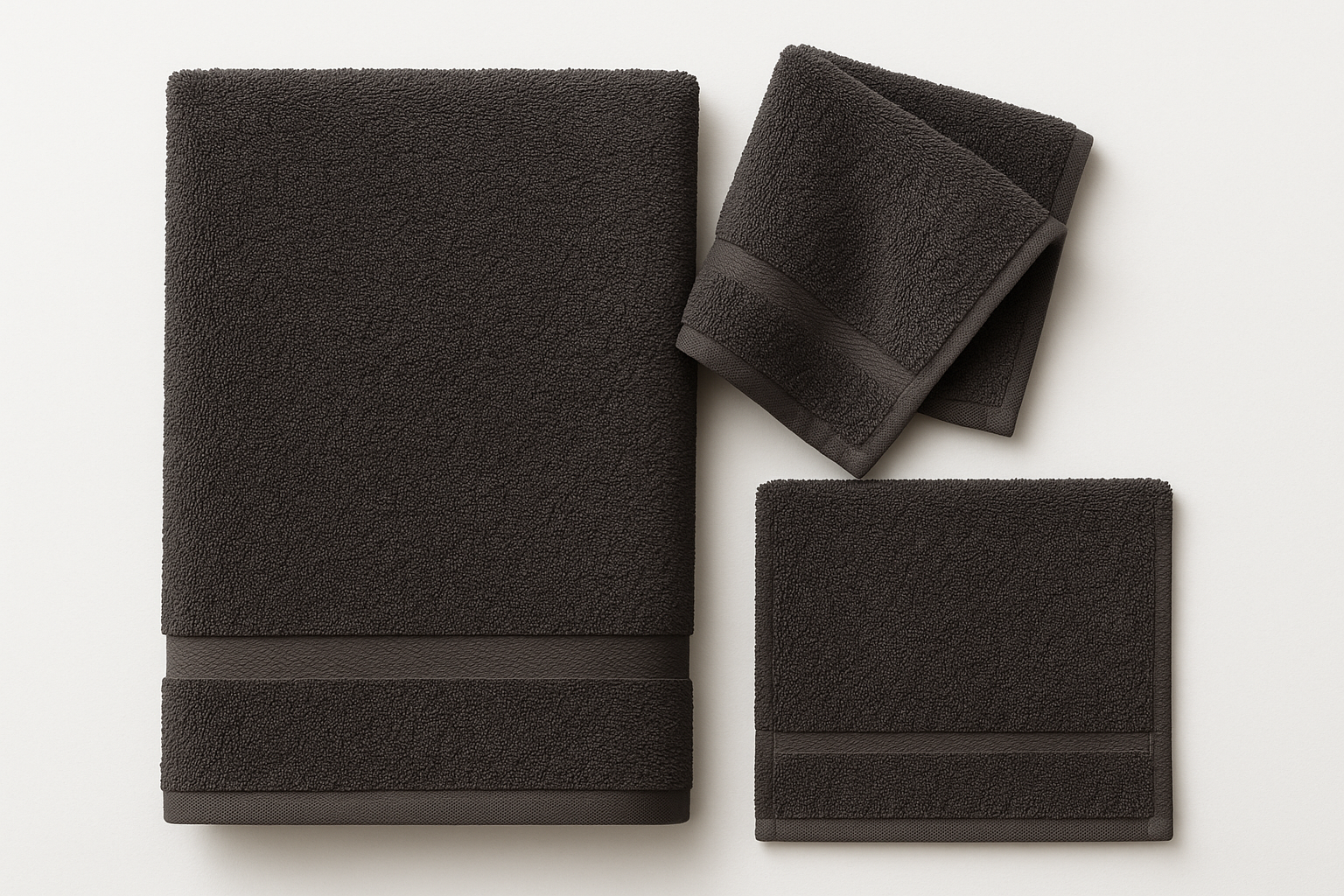 dark gray 3 Piece Towel Set Includes 1 Bath Towel of 27 x 54 inches, 1 Hand Towel of 16 x 28 inches and 1 Washcloth of 13 x 13 inches. 