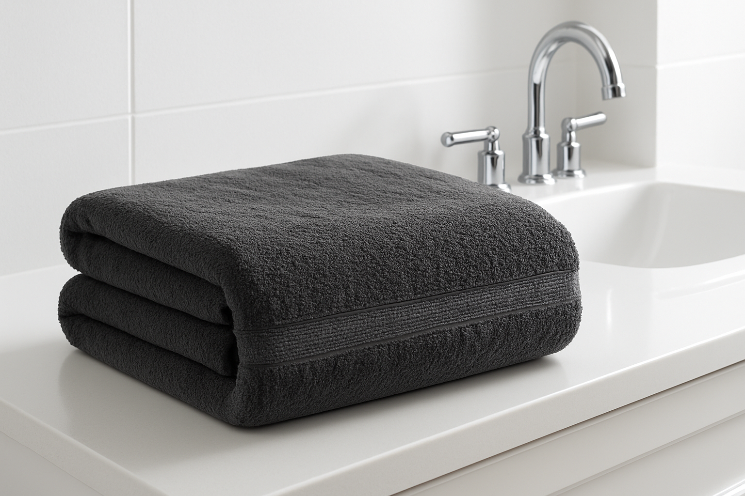 DARK GRAY  Extra Large Bath Towel Sheet Sizes with white background place on a sink top in bathroom