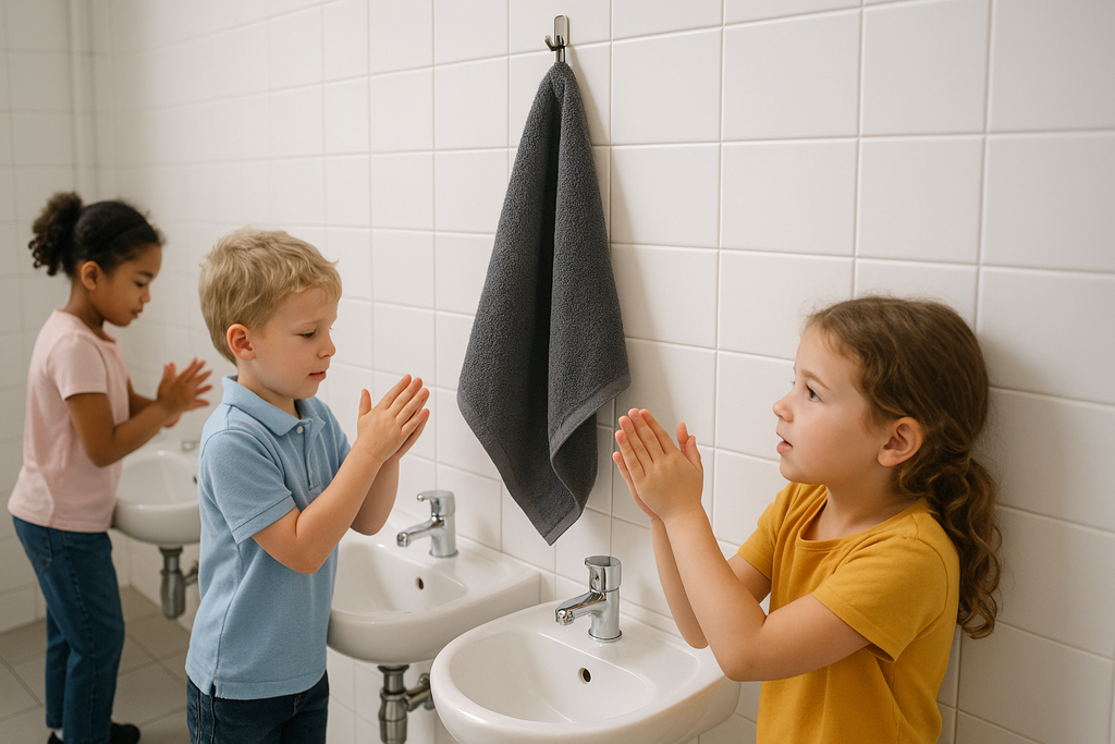 dark gray hand towel is using by kids in school washroom after washing their hands