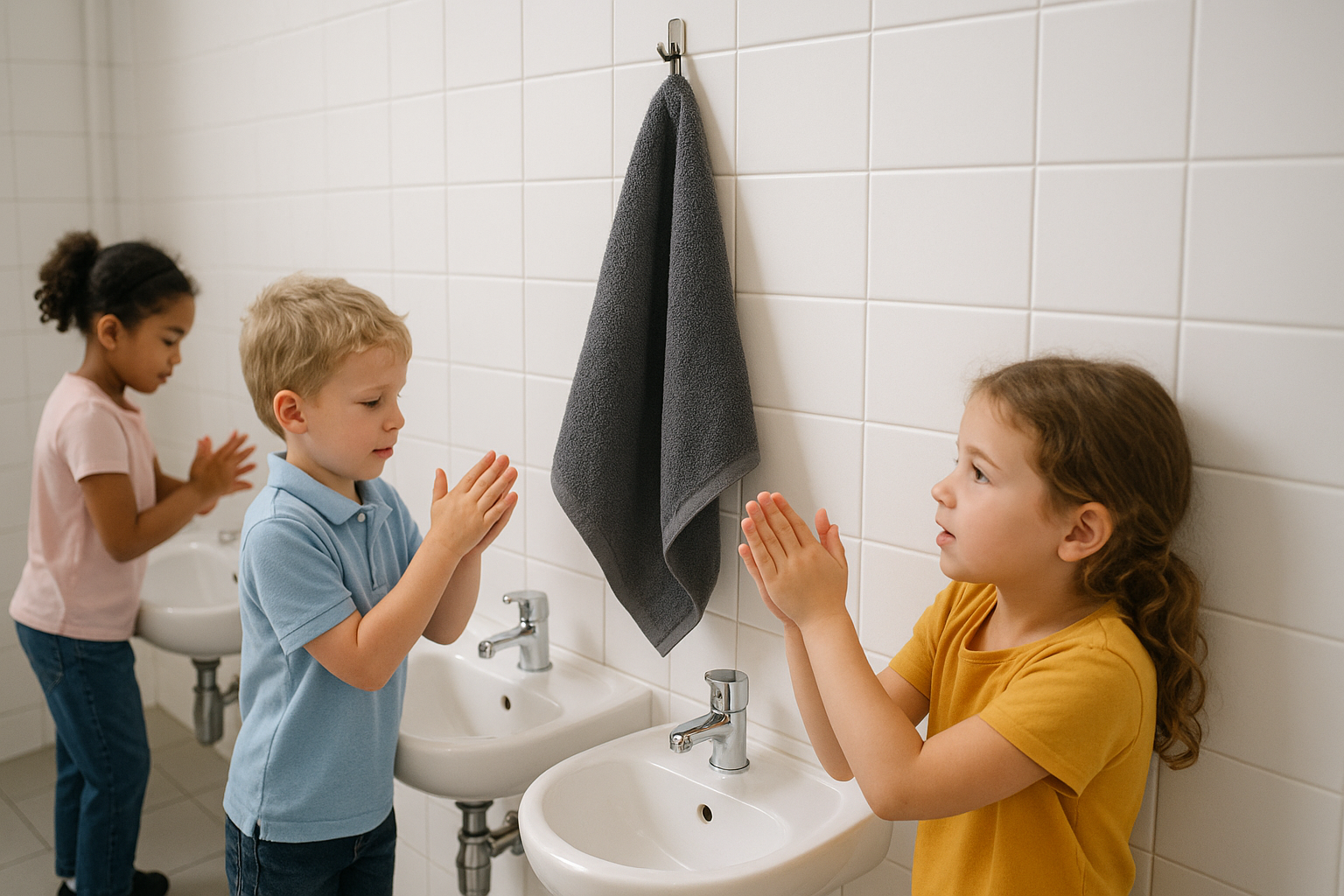 dark gray hand towel is using by kids in school washroom after washing their hands