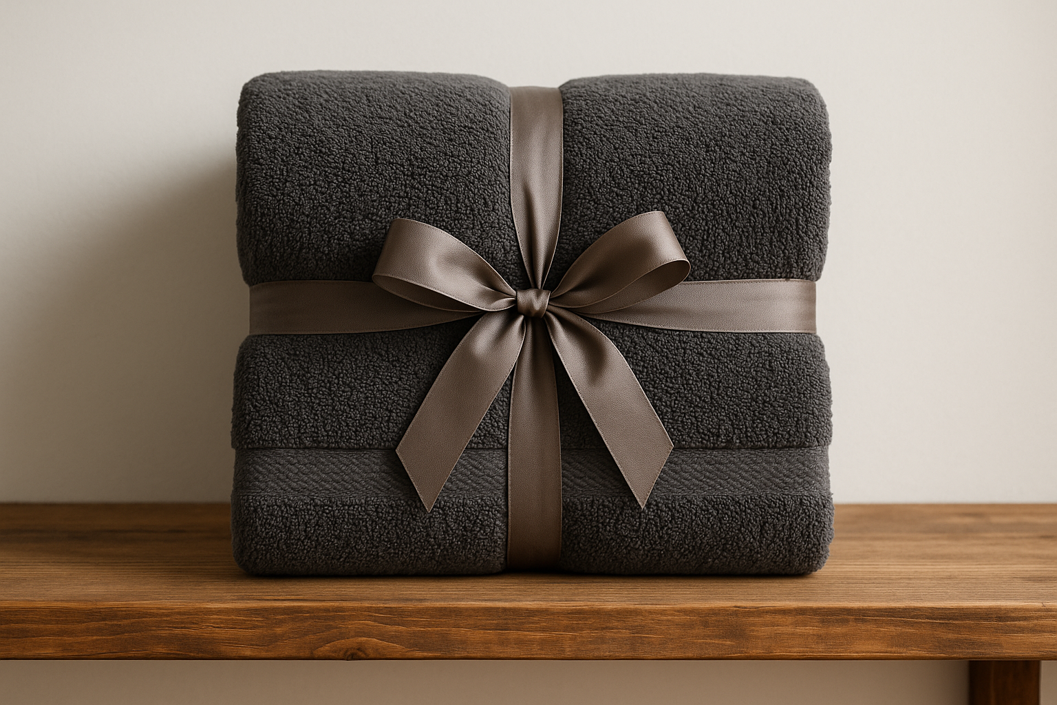 dark gray Oversized Bath Sheet 40x80 Extra Large rap in a ribbon and place on a wooden shelf  