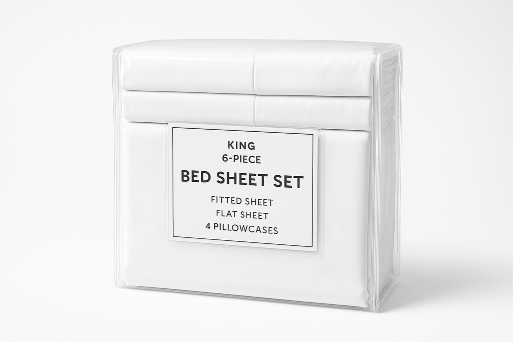King size  6 Piece bed Sheet Set white properly packed in a bag ready to sell in a online store