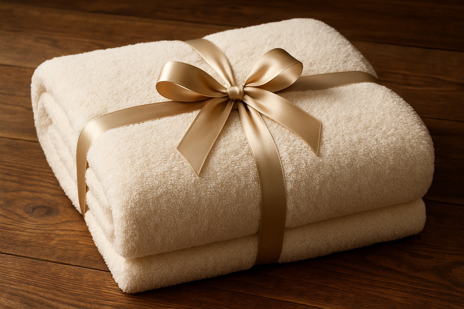 Oversized Bath Sheet 40x80 Extra Large packed in a ribbon and place on the wooden counter