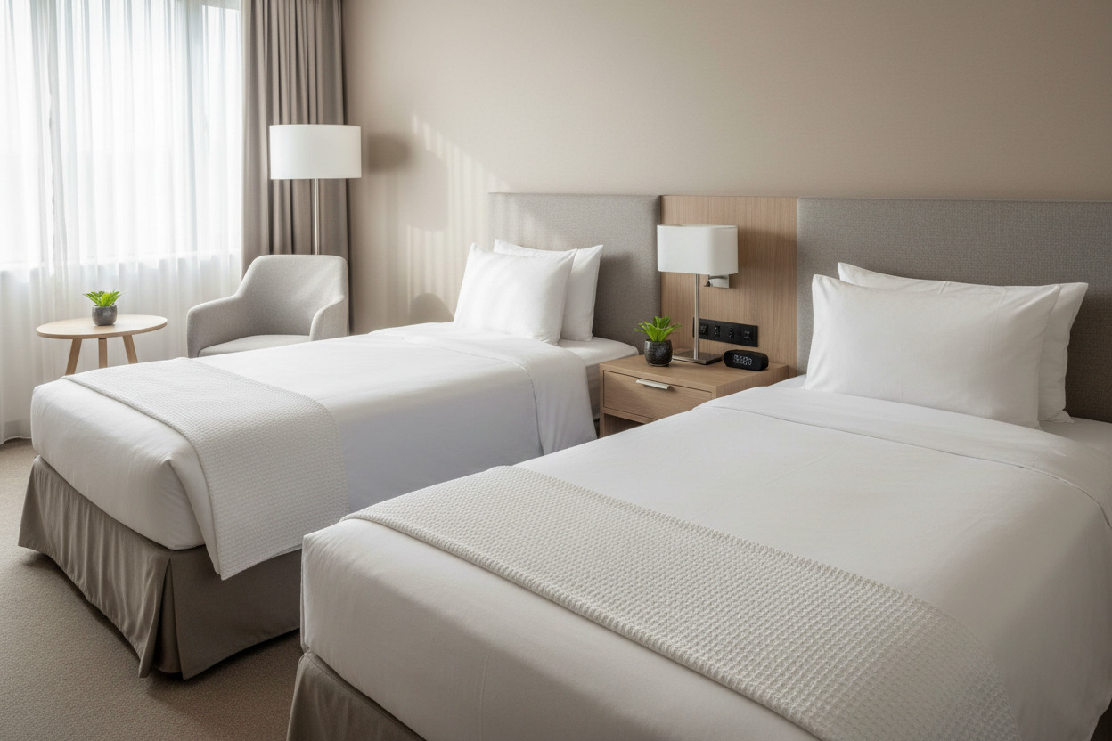 two twin beds in a hotel room with white bed linen on it