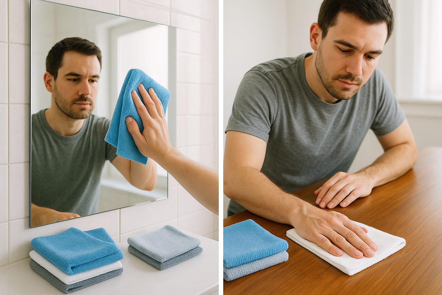 washcloths using by man and cleaning mirrors and tables