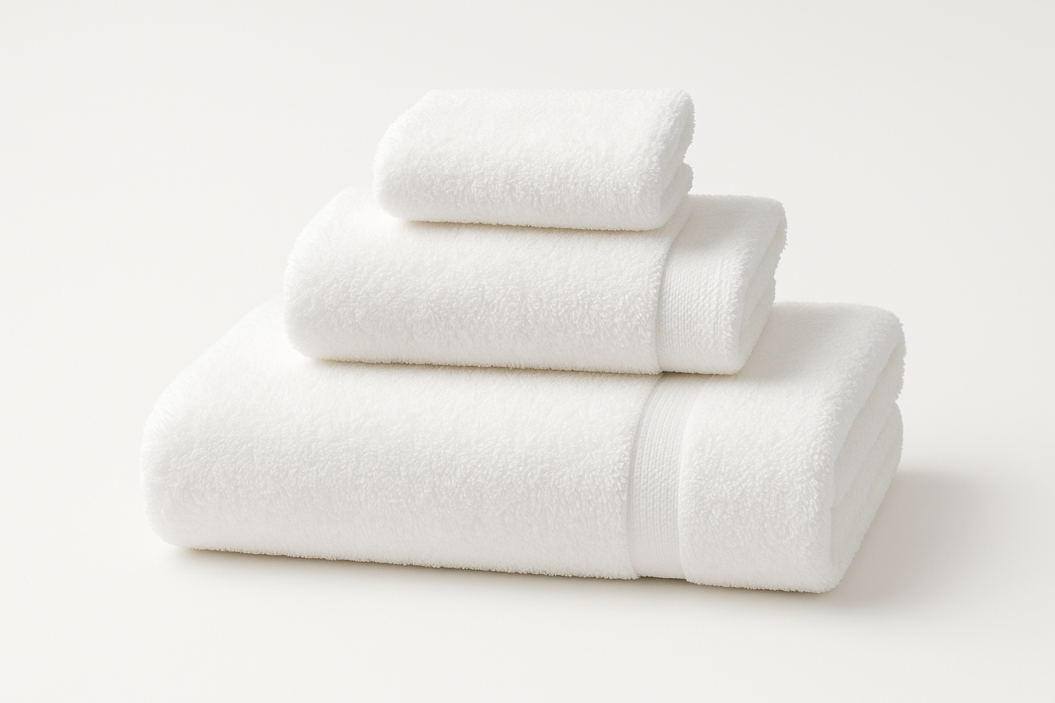 white 3 Piece Towel Set Includes 1 Bath Towel of 27 x 54 inches, 1 Hand Towel of 16 x 28 inches and 1 Washcloth of 13 x 13 inches.