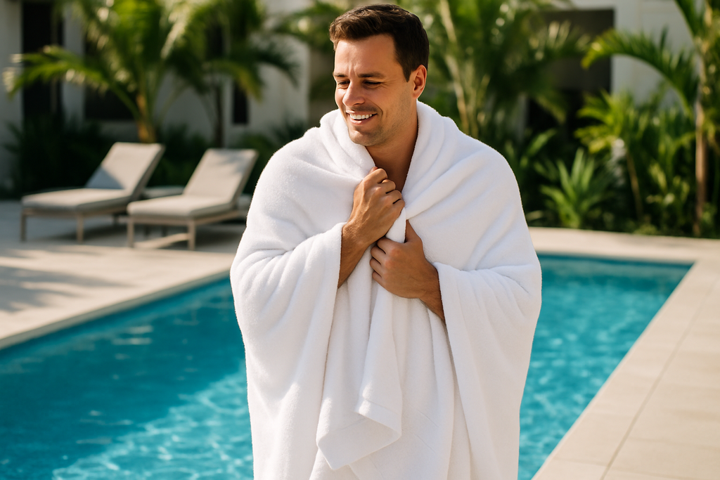 white Extra Large Bath Towel Sheet used by man in pool area