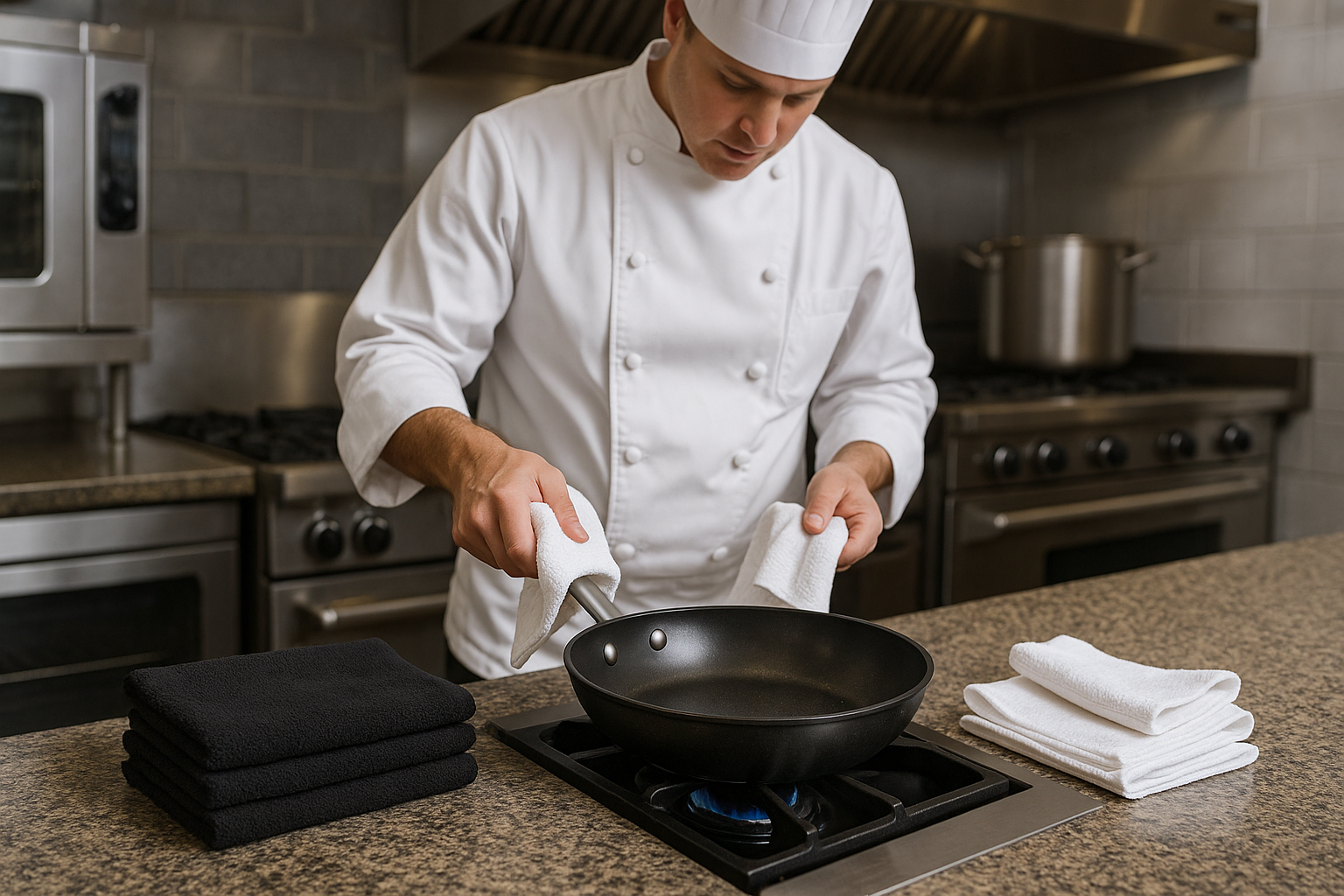 white hand towels are using by cook in kitchen and black towels are on kitchen counter