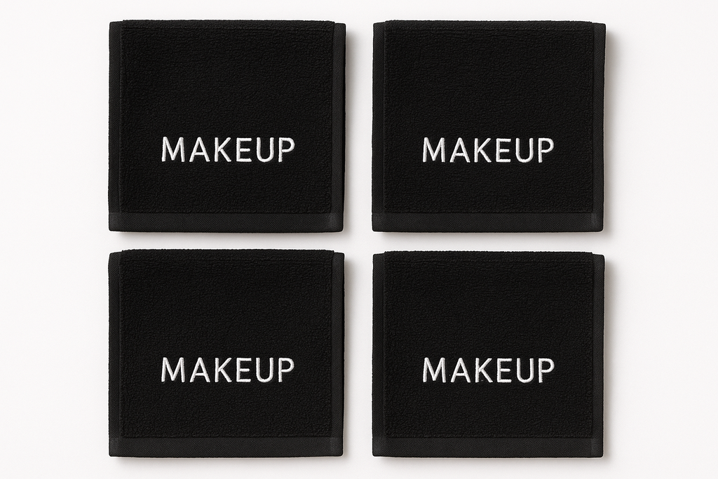 write in white embroidery MAKEUP on  Face Cloth, 100% Cotton Makeup Towels, 4 Packed Face Towels, 12x12 inches, Black