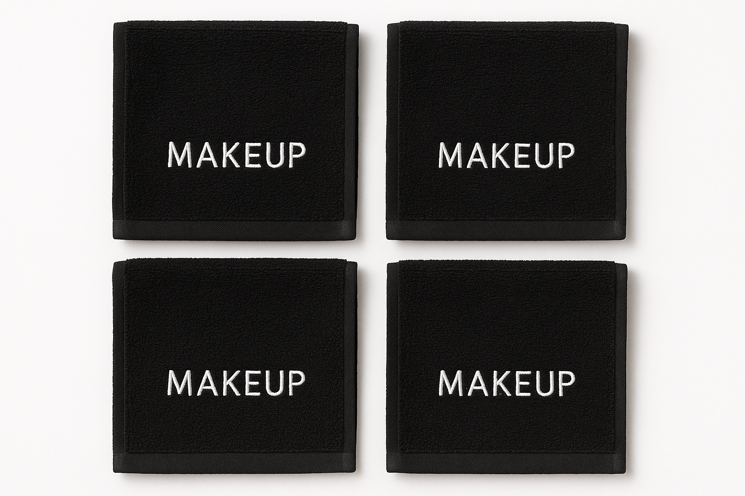 write in white embroidery MAKEUP on  Face Cloth, 100% Cotton Makeup Towels, 4 Packed Face Towels, 12x12 inches, Black